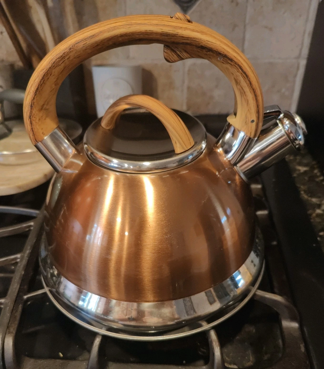 Balduzzi Stainless Steel & Copper Color Tea Kettle Faux Wood Soft Touch Handle
