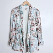 Chicos Paisley Floral Twill Blazer White Multi Open Front 16/18 Chico's Size 3