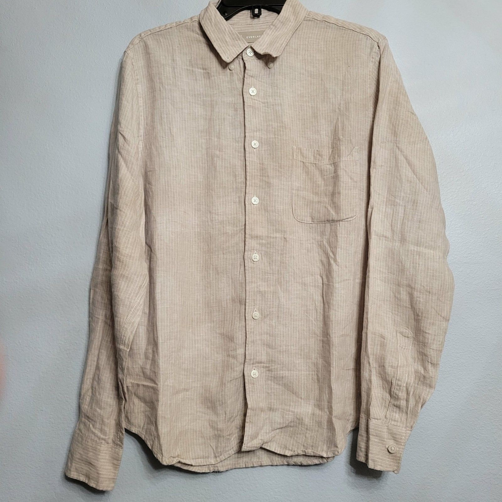 Mens EVERLANE 100% Linen Shirt Beige Stripe Natural Coastal Resort Quiet Luxury
