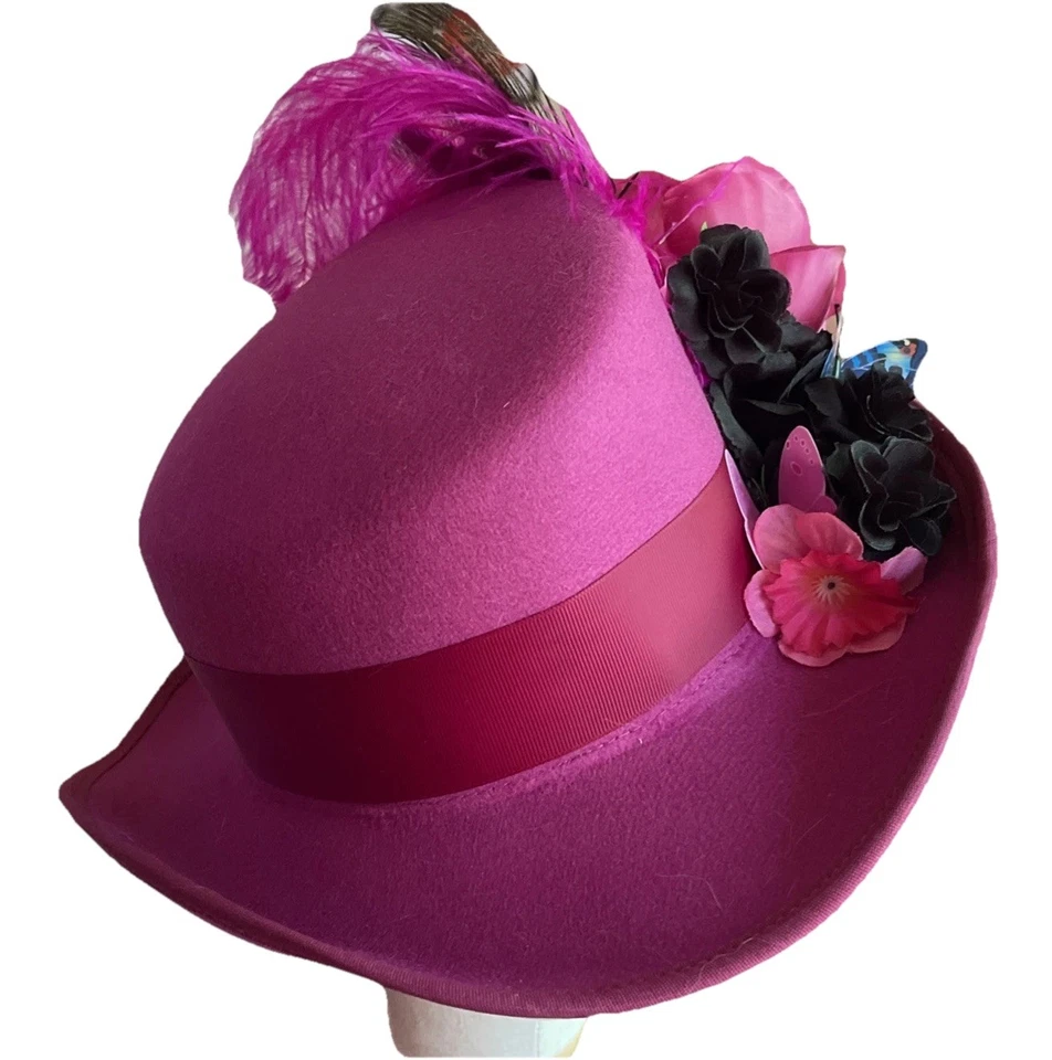 Hat Top Hat Style Tilted Custom Hot Pink Flowers Feathers Trendy Halloween Fun - Image 2 of 4