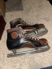 Vintage MCM 50  s Or 1960s Leather 2-Tone Ice Hockey Skates Mens Canada 12 Silver