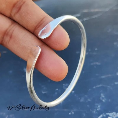 Solid 925 Sterling Silver Plain Bangle Handmade Adjustable Cuff Boho Bangle Si65