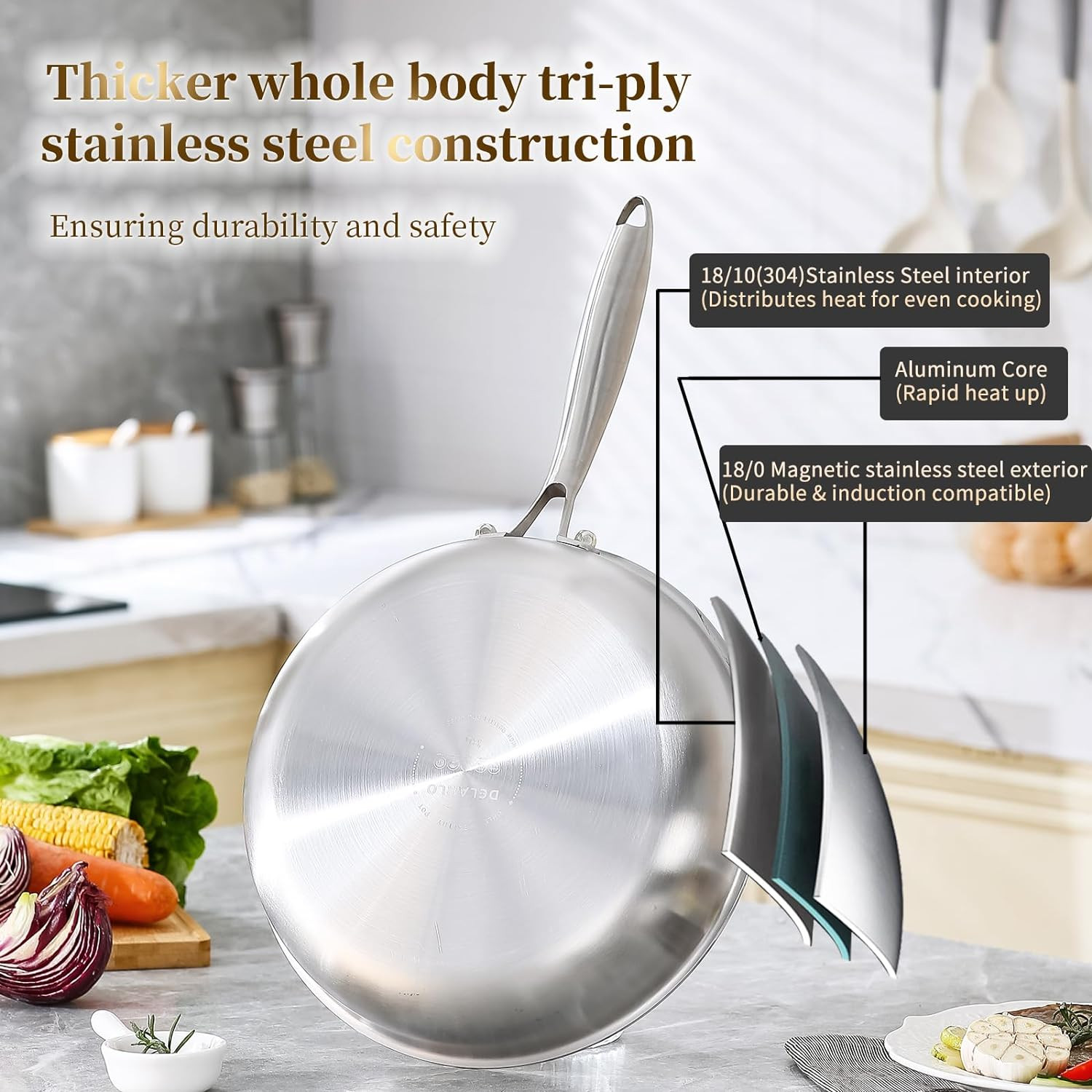 DELARLO Tri-ply Stainless Steel Frying Pan 10"+12"Set+Lid, Silver 