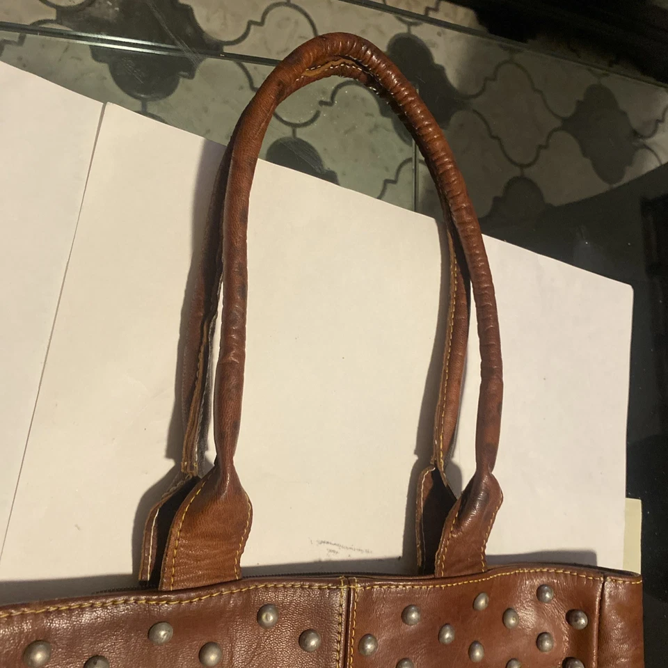 Brown Leather  Studded Tote With Fringe - Image 4 of 4
