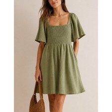 Madewell Lightspun Lucie Smocked Tie-Back Mini Dress Sage Green Large