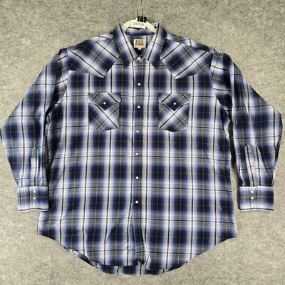 Ely Cattleman Shirt Men XXL 2XL Long Sleeve Pearl Snap Up Blue Plaid Western
