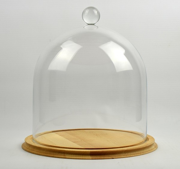 Clear Circular Glass Dome With Knob and Natural Vintage Wooden Base H:34x 30 cm