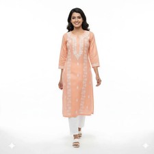 Peach Hand Embroidered Straight Cotton Kurti for Women  Chikankari Cotton Kurti