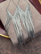 Long Fringe Earrings Shiny Silver Tone Tassel 5.5" Long NICE
