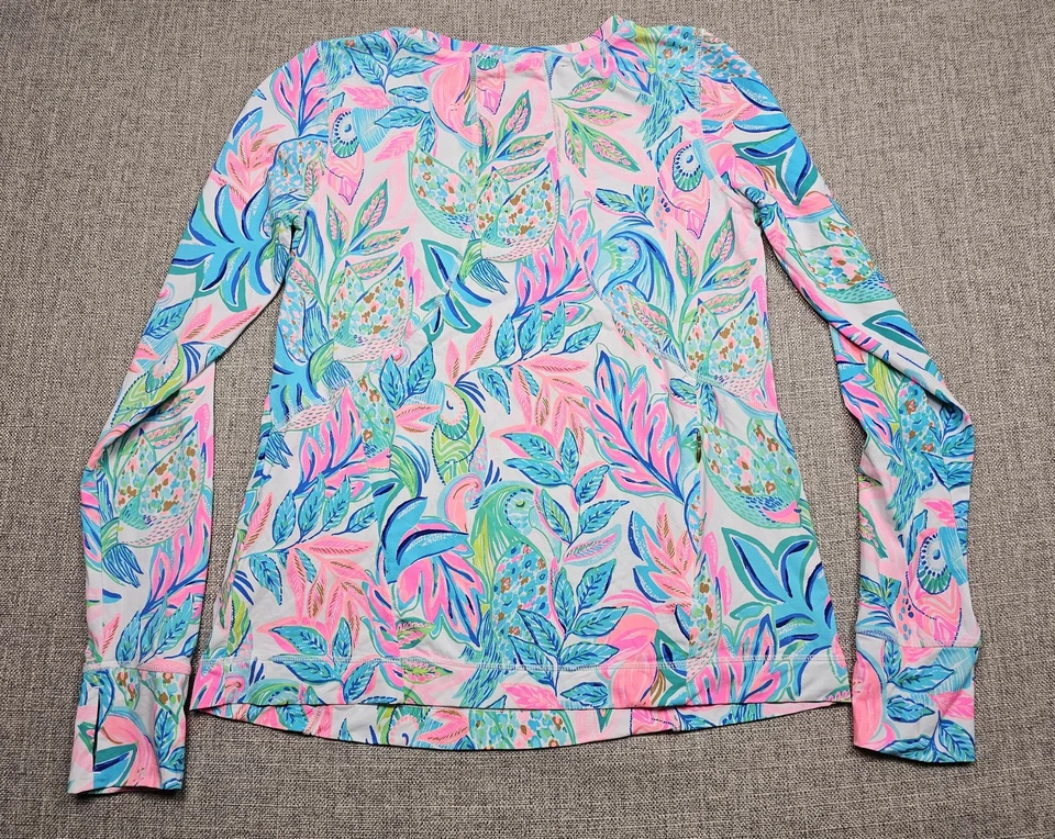 Lilly Pulitzer Luxletic Shirt Womens Medium Pink Blue Tropical Leaf Long Sleeve - Image 2 of 4