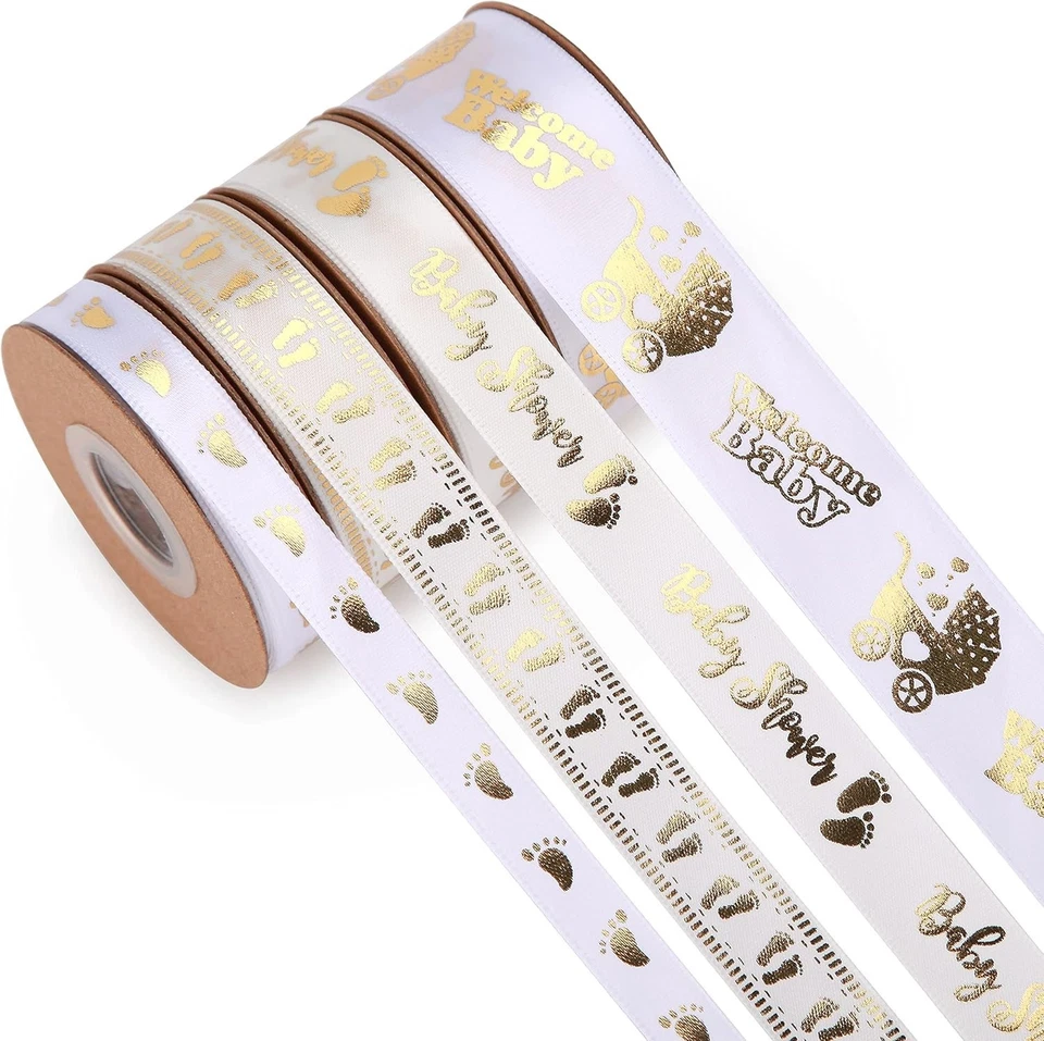 Cinta de baby shower de 40 yardas cinta blanca y dorada pie surtido... Foto 2 de 4