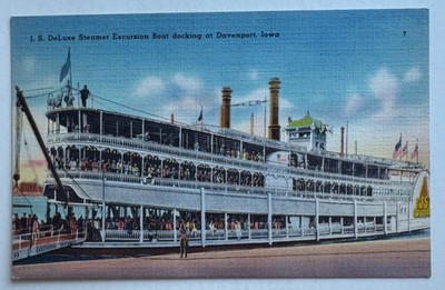 ca 1940s IA Postcard Davenport Iowa JS DeLuxe Steamer Excursion Boat docking