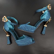 DOLCE & GABBANA Women’s Peep Toe Ankle Strap Pumps Glitter Blue EUR 38 US 8