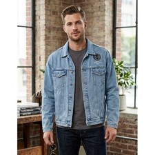Vintage Port Authority Denim Trucker Jacket Men's 2XL Blue BNSF Railway RP22 Y2K