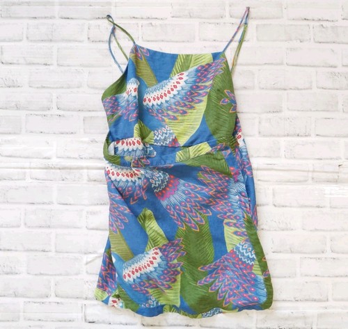Farm Rio Dress Womens Large Blue Linen Blue Macaw Parrot Mini Sundress Boho