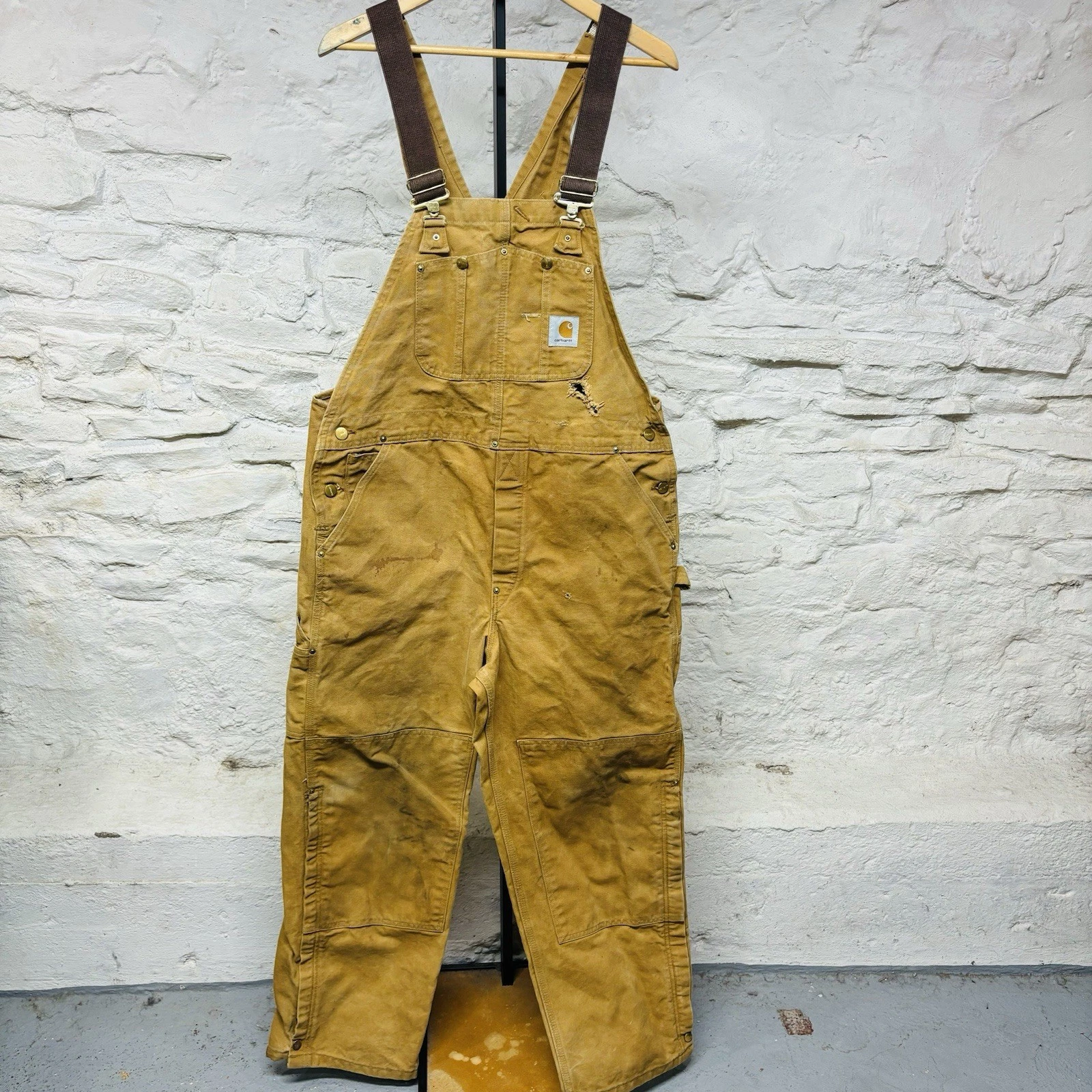 Carhartt Bib Overalls 38x29 Double Knee RO6 BRN Duck Canvas Vintage Distressed