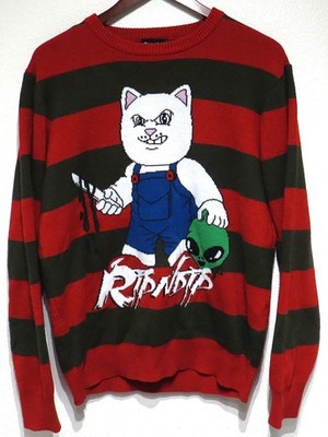 RipnDip CAT ALIEN CHILD'S PLAY Sweater MED Freddy Krueger Stripes Lord Nermal