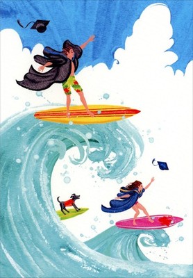 Caspari GRADUATION Card, Surfing Graduates Dog by Masaki Ryo KOKO Art + Envelope