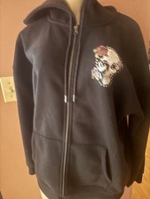 Ladies Women  s Bling Skull Halllween Hoodie Black Zip Up Large