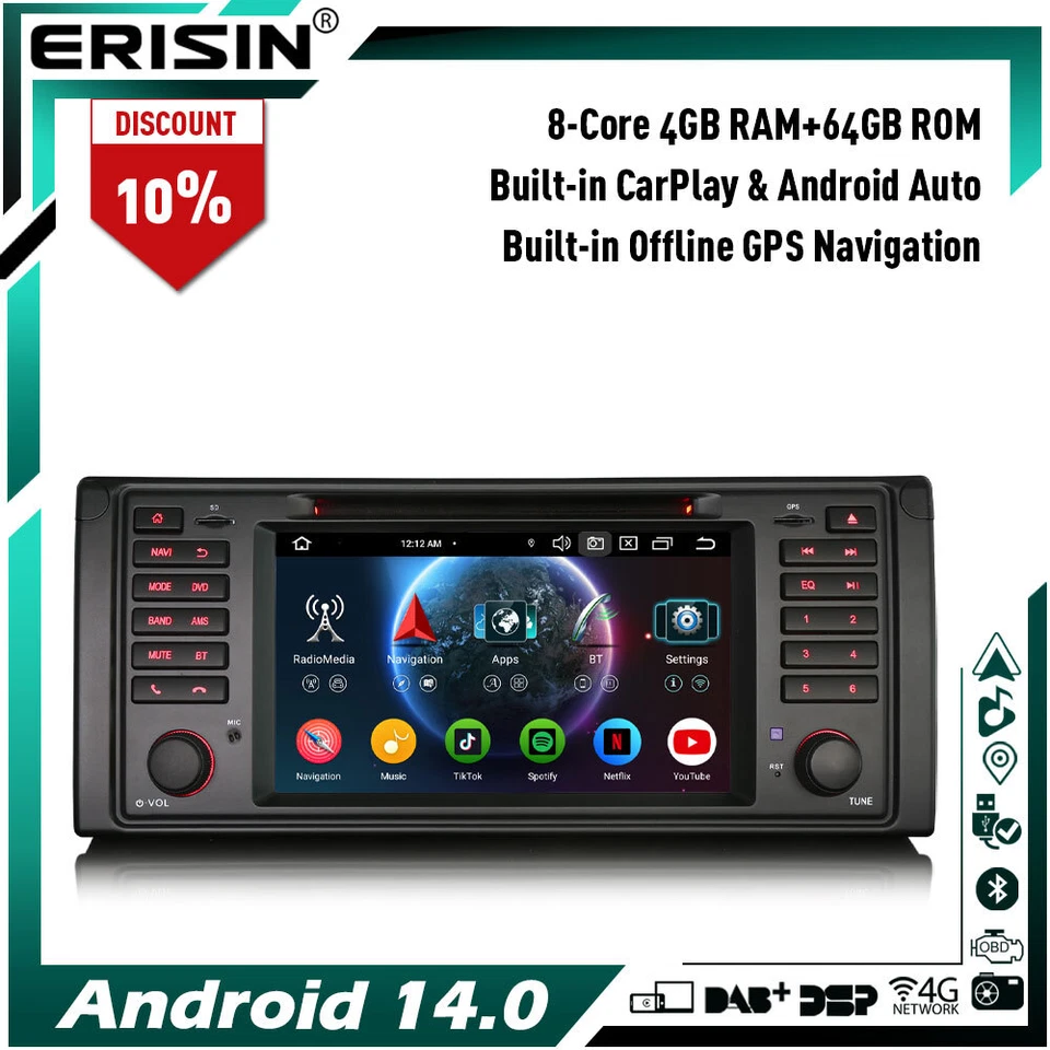 8-Core Android 14 64GB Car Stereo GSP Sat Nav for BMW 5 Series E39 M5 BT 5.0 DSP