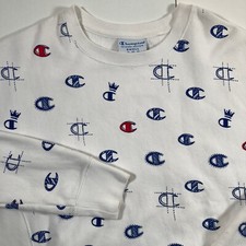 Champion Reverse Weave Sweatshirt Women XS Crewneck White All Over Logo 90s Y2K