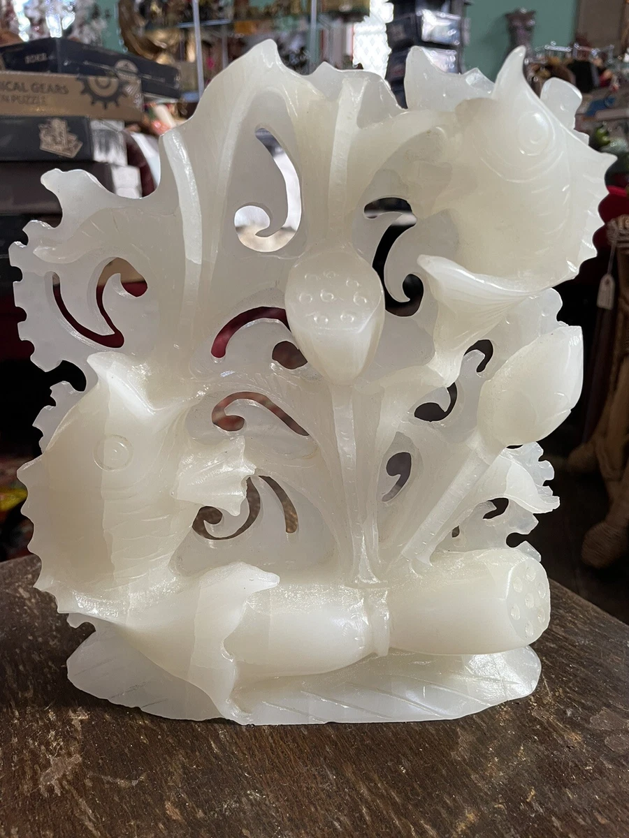 Jade Hand Carved Fish White Sculpture Natural Hard Stone Large