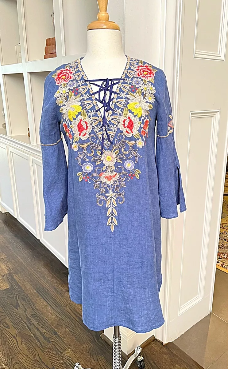 SALE JOHNNY WAS Embroidered Blue Linen Dress SZ Small Pristine