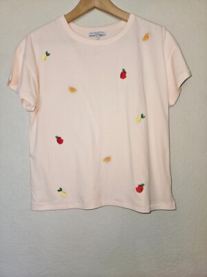 Current Air Embroidered Fruit Stand Tee XS Pink Apple Lemon Orange Anthropologie