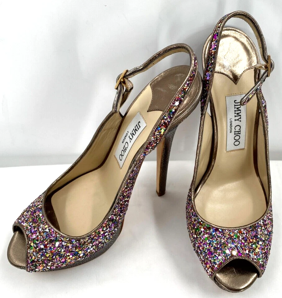 Сандалии на платформе с открытым носком Jimmy Choo CLUE Glitter Gold Slingback размер 38,5 - Изображение 2 из 4