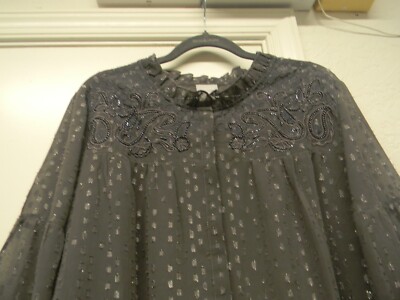 CHICO'S Sz 2 Gray Metallic Semi Sheer Long Slv. Button Clz. Blouse