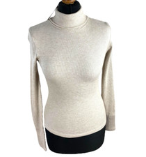 Stradivarius Ribbed Jumper Women's UK Size S Beige Turtle Neck Long Sleeve