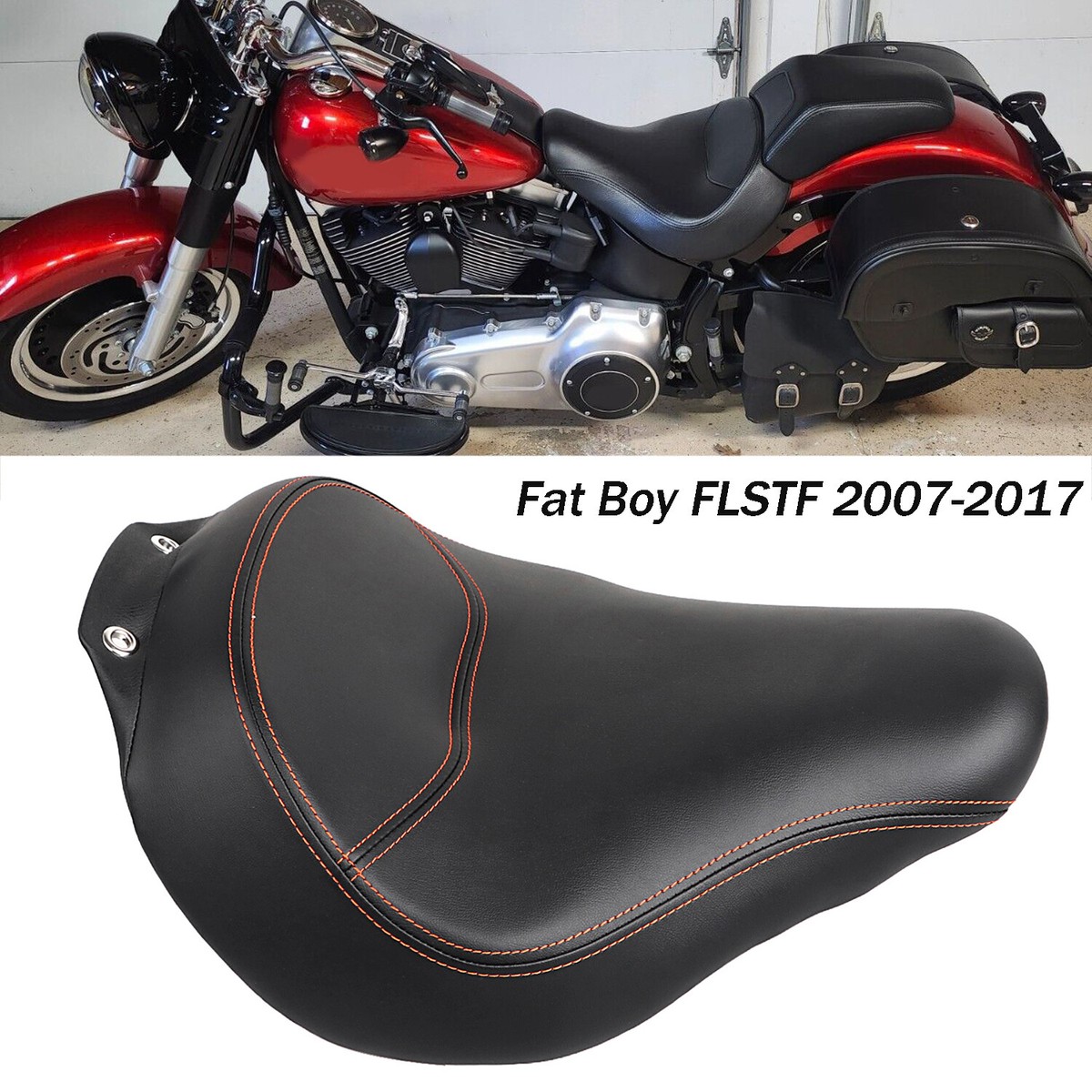 Front Rider Driver Solo Seat w/ Orange Stitching For Harley Fat