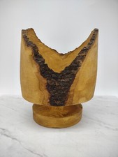 Live Edge Wooden Bowl Pedestal Footed 9 Inch Tall Signed Unique Artisan Made
