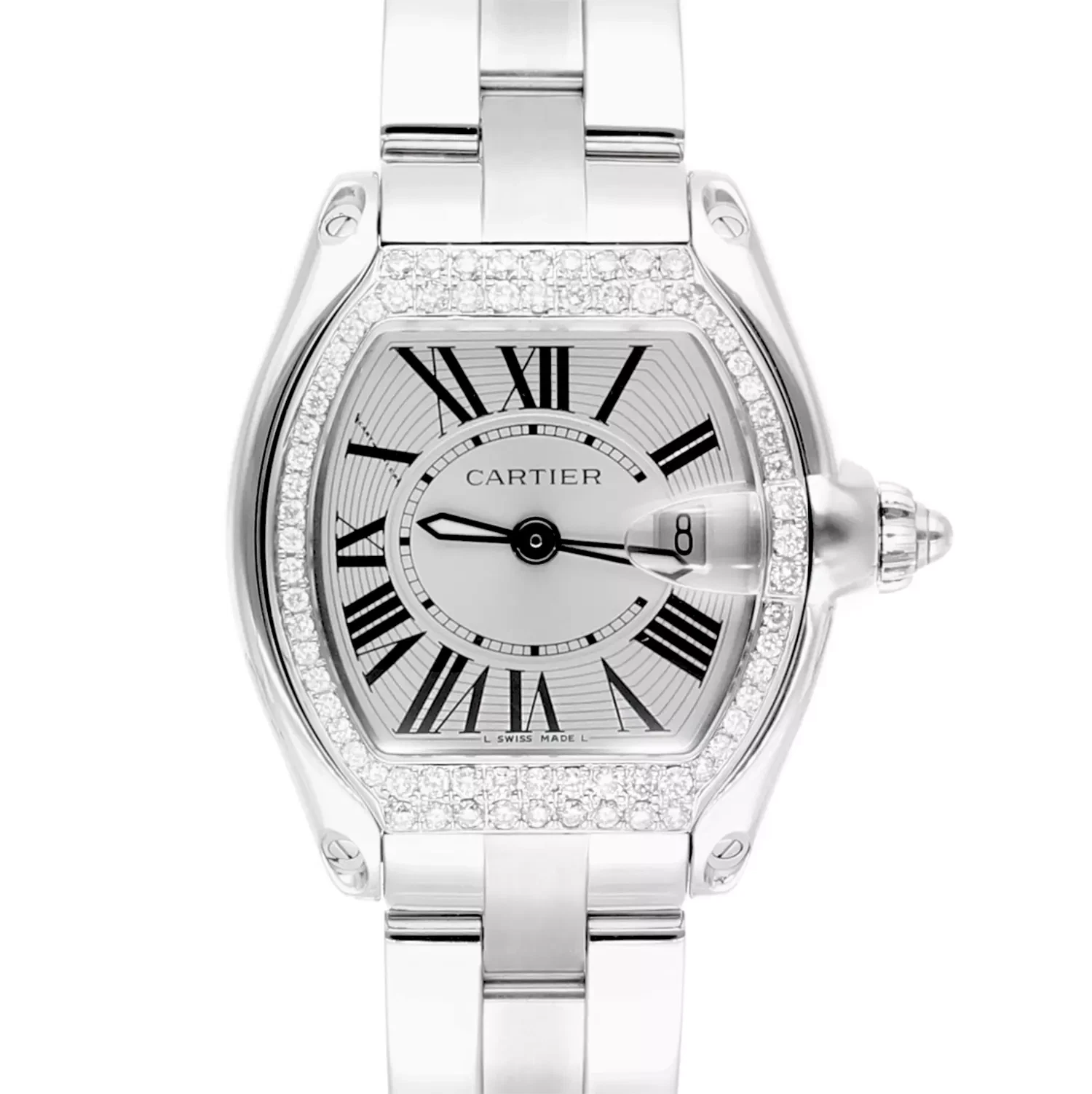 Cartier — Cartier Roadster Silver Dial Stainless Steel Watch with Diamond Bezel 30x35mm