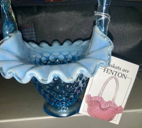 Fenton Hobnail Basket Iridescent Opalescent Blue Ruffle 7" Tall x 4 1/2" Tagged