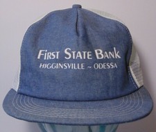 1980s FIRST STATE BANK DENIM SNAPBACK VINTAGE TRUCKER HAT K-PRODUCTS MADE IN USA
