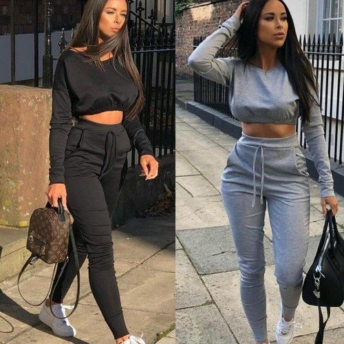 Ladies Co ord Crop Top Bottoms Set Womens 2pcs Loungewear Suit Tracksuit |  eBay