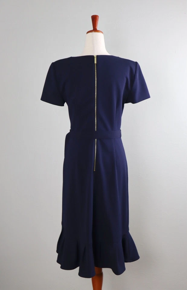CALVIN KLEIN $129 Structured Solid Navy Crepe Belted Ruffle Dress Size 6 - Image 3 of 4