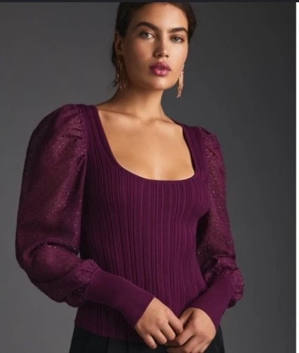Anthropologie Puffed Sleeve Shimmer Sweater Plum Small Party