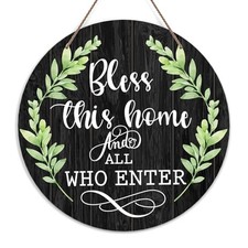 Welcome Door Sign, Greenery Wooden Round Decorative Wall Plaque, Bless This