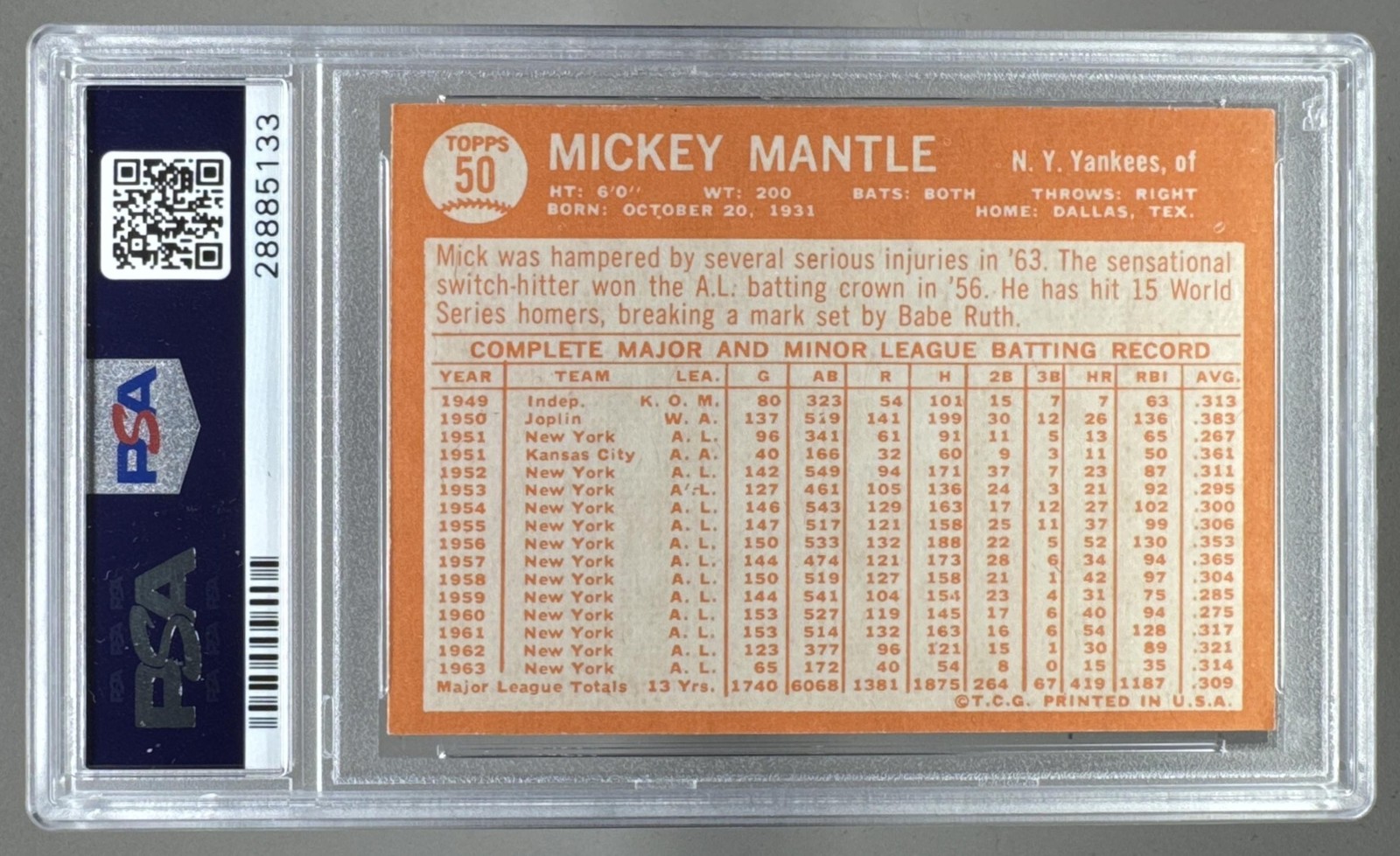 28885133 Mickey Mantle 1964 Topps #50 PSA 6 view 2