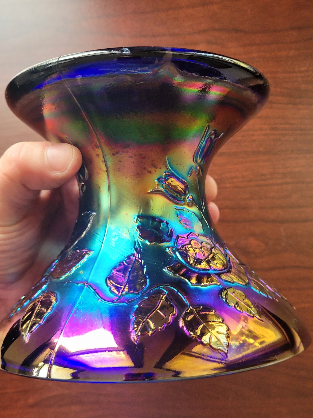 Cracked Electric Blue Fenton Carnival Glass Wreath of Roses Punch Bowl Base