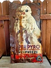 VINTAGE 1930'S **RARE** SUPER PYRO ANTI-FREEZE TIN TACKER GAS OIL SIGN SNOWMAN!