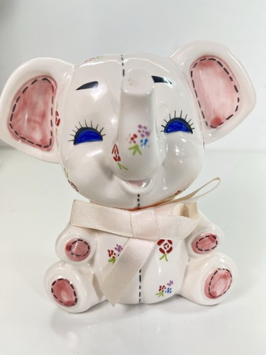 Vintage Lefton Porcelain Elephant Piggy Bank Hand Painted Pink Girl