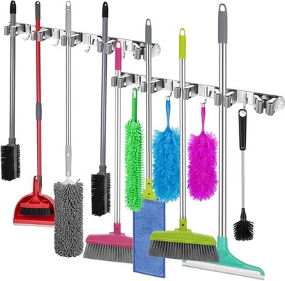2 Pack Wall Mount Broom Holder Self Adhesive 5 Racks & 4 Hooks Mop & Broom