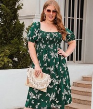 Dress 20-22 Summer Floral Print Short Sleeve U-Neck High Waist DressPlus Size