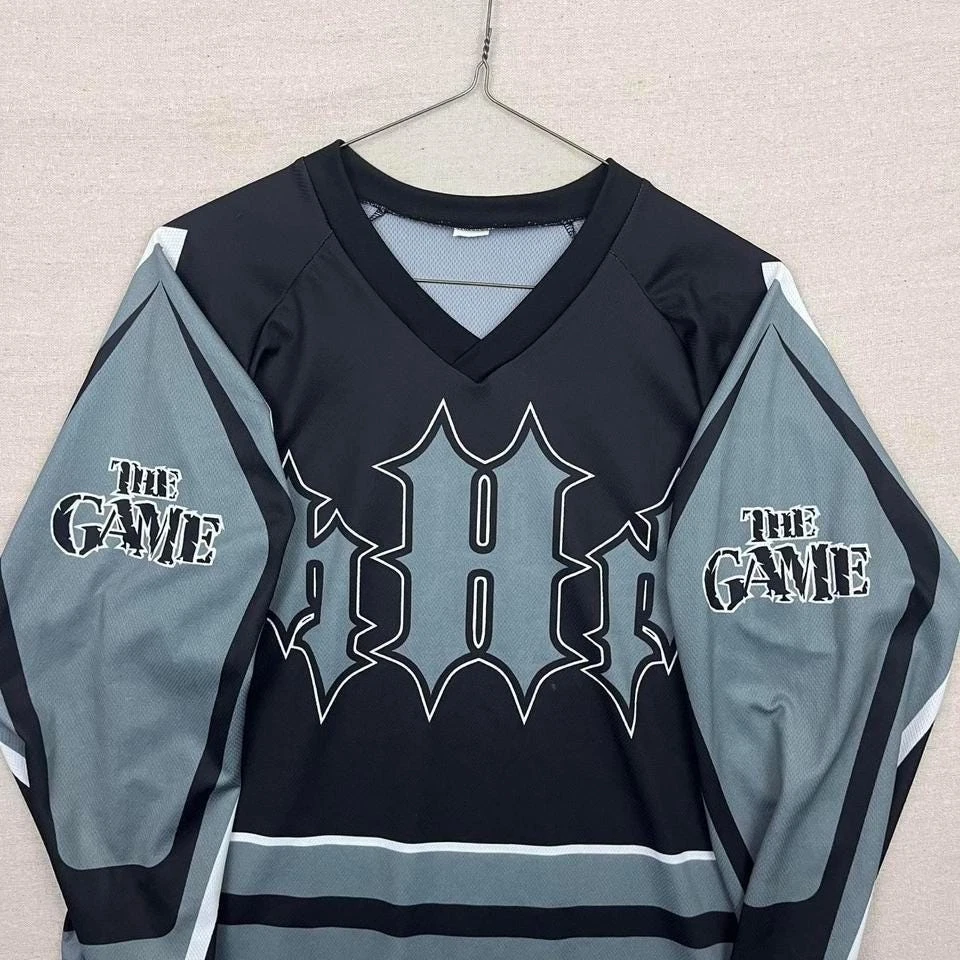 Camiseta deportiva de hockey manga larga vintage años 90 WWF Triple H HHH The Game negra y gris Foto 3 de 4