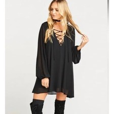 SHOW ME YOUR MUMU Thunderbird Oversize Flowy Lace Up Neck Black Dress S Bohemian