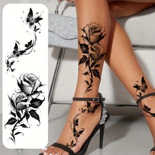 Black Flower Butterfly Temporary Tattoo Stickers Waterproof Foot Arm Leg Chest