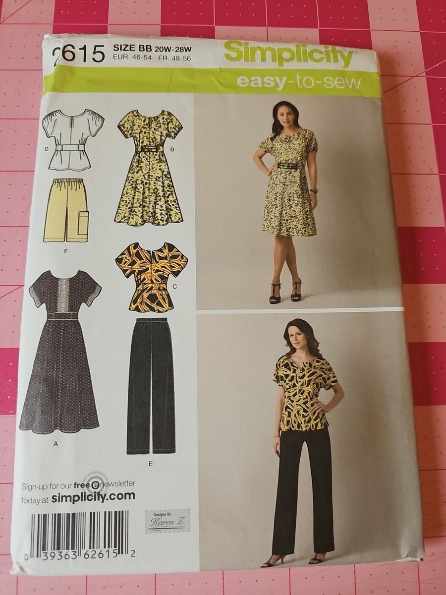 Simplicity Pattern 2615 Dresses Top Pants Shorts Sizes 20W 22W 24W 26W 28W  UNCUT Simplicity Patterns 20W-22W-24、20W-22W-24W-26W-28W。